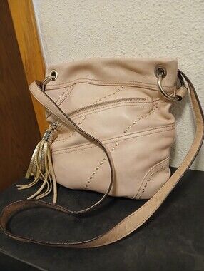 B. Makowsky Blush Pink Leather Crossbody Bag Studded Tassel Leopard Lining